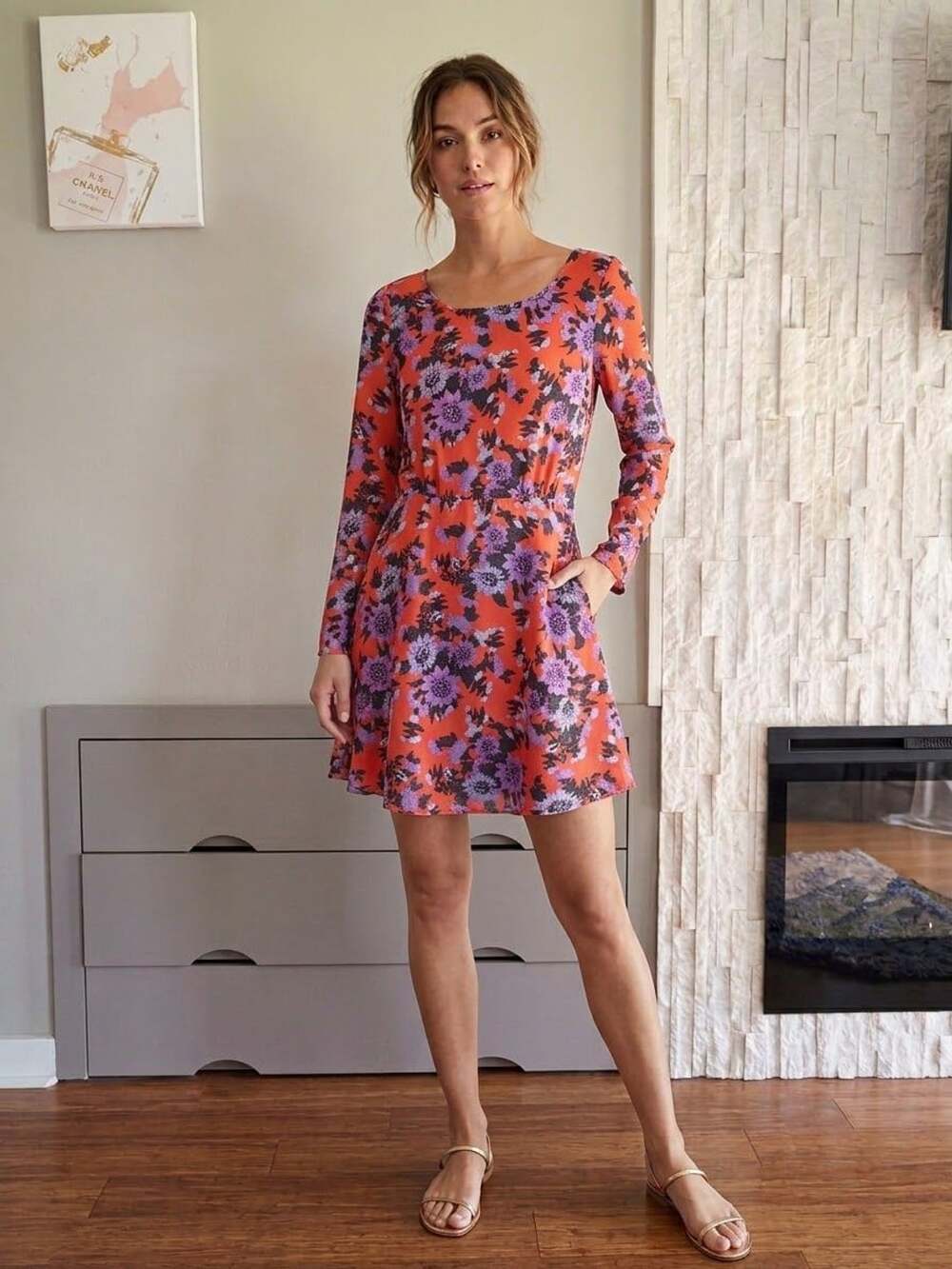 Free People Parker Dress Floral Orange Purple Women's Size 2 Boho Mini Dress